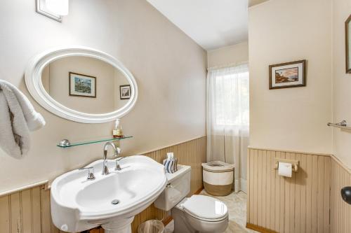 a bathroom with a sink and a toilet and a mirror at House on HoneyBee Hill in Lakebay