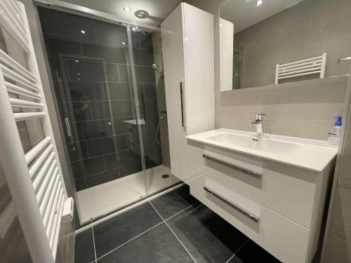 a bathroom with a sink and a shower at Appartement Vars, 3 pièces, 8 personnes - FR-1-330B-146 in Vars