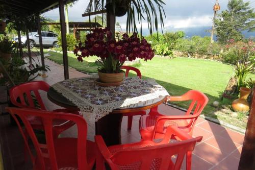 a table with red chairs and a potted plant on a patio at Casa Campo Los Lucero, con Hidrospa in Piedecuesta