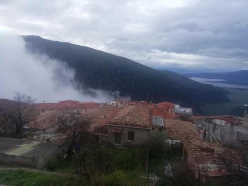 a view of a town with a mountain in the background at Castri Hotel in Delfoi