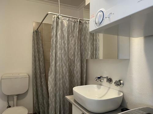 een badkamer met een wastafel, een toilet en een douche bij Alpine Mountain View 41 in Jindabyne