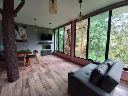 ein Wohnzimmer mit einem Sofa, einem Tisch und Fenstern in der Unterkunft Cabaña Nala de lujo para parejas in Mazamitla