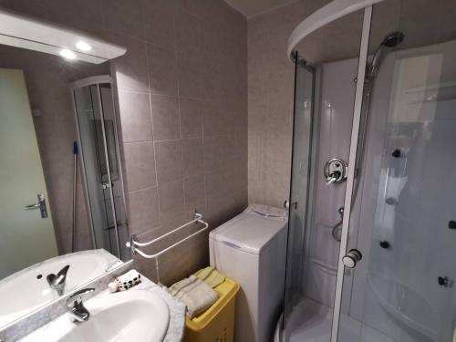 La salle de bains est pourvue d'un lavabo, d'une douche et de toilettes. dans l'établissement Studio Saint-Michel-de-Chaillol, 1 pièce, 4 personnes - FR-1-393-52, à Saint-Michel-de-Chaillol