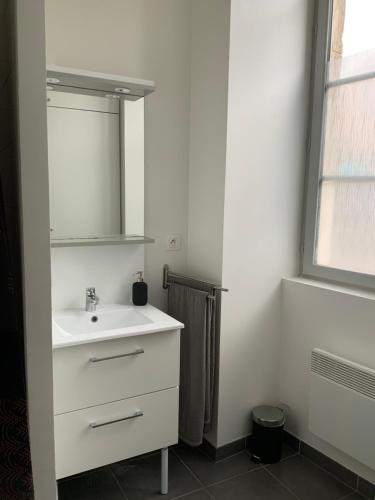 La salle de bains blanche est pourvue d'un lavabo et d'un miroir. dans l'établissement Appartement studio Dole Grevy deux étoiles, à Dole