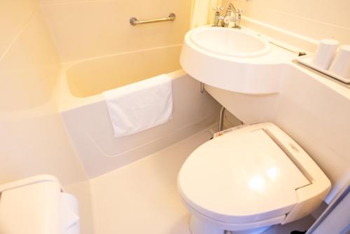 La petite salle de bains est pourvue de toilettes et d'un lavabo. dans l'établissement le Lac Hotel Yokkaichi, à Yokkaichi