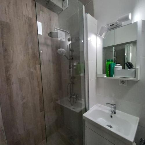 a bathroom with a shower and a sink and a mirror at Lovely 1- bedroom condo close to downtown in Skopje