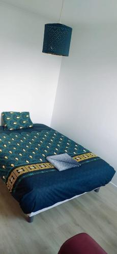 Bett mit blauer Decke in einem Zimmer in der Unterkunft Chez Erwan & Elizabeth in Rennes