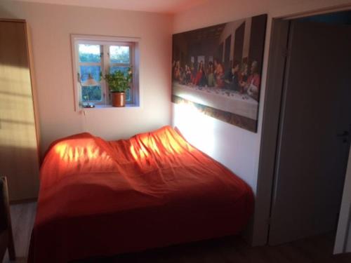 a bedroom with a red bed in a room with a window at Idyllisk anneks, hvor lejer har eget hus. in Vejle