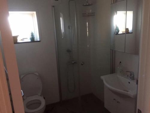 ein Bad mit einer Dusche, einem WC und einem Waschbecken in der Unterkunft Idyllisk anneks, hvor lejer har eget hus. in Vejle