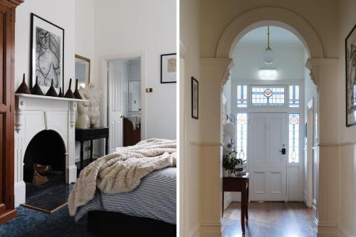 two images of a bedroom with a bed and a fireplace at Carrington House Daylesford in Daylesford