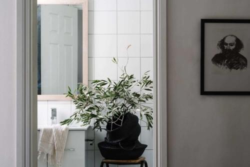 a bathroom with a plant in a vase next to a mirror at Carrington House Daylesford in Daylesford