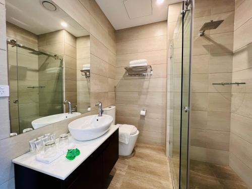 La salle de bains est pourvue d'un lavabo, de toilettes et d'une douche. dans l'établissement Clarendon Hotel, à Melbourne