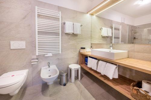 La salle de bains est pourvue d'un lavabo, de toilettes et d'un miroir. dans l'établissement Haus zur Vogelweide App 1, à Dobbiaco