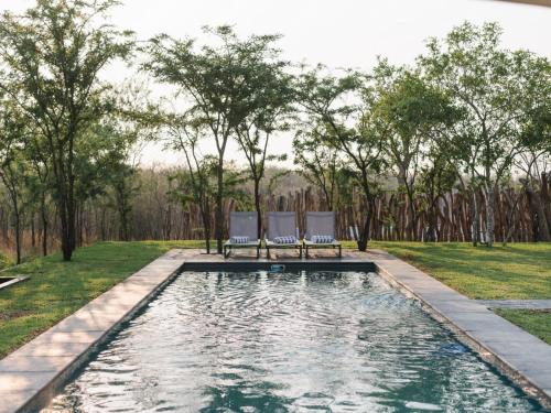 einen Pool mit zwei Stühlen in einem Garten mit Bäumen in der Unterkunft The Orpen Kruger in Welverdiend