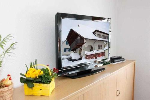einen Fernseher auf einer Kommode mit Bild eines Hauses in der Unterkunft Ferienwohnung Kopf in Schuttertal