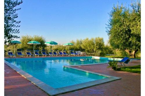 una gran piscina con sillas y sombrillas en Sun Hill Apartments - Happy Rentals, en Castiglione del Lago