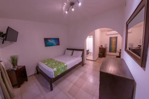 a bedroom with a bed and a television in it at Casa Verde Hotel - Steps to the Beach, Pool, Restaurant & Bar in Rincon