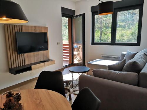 - un salon avec un canapé et une télévision dans l'établissement Apartman Sihrovski - Vila Pekovic Blue Zlatibor, à Zlatibor