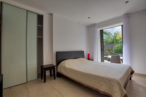 a bedroom with a bed and a large window at Balinea Villas in Pereybere