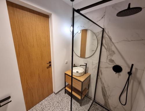 W łazience znajduje się umywalka i lustro. w obiekcie Premium Apartments Rzeszów Gold w mieście Rzeszów