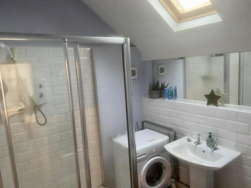 W łazience znajduje się prysznic, umywalka i toaleta. w obiekcie Beautiful 1-Bed House in Gloucestershire w mieście Westbury on Severn