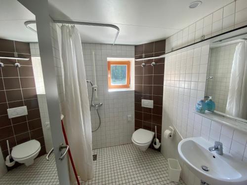 uma casa de banho com um lavatório, um WC e um chuveiro em BLSV Sportcamp direkt im Wandergebiet Spitzingsee em Schliersee