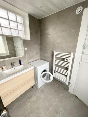 une salle de bain avec un lavabo et une machine à laver dans l'établissement F2 calme, Château, Grand Parquet, Fôret, à Avon