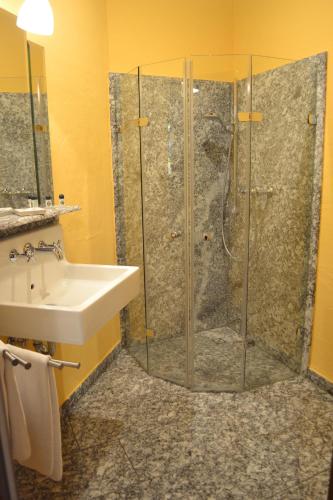 Vielank的住宿－Vielanker Brauhaus GmbH，带淋浴和盥洗盆的浴室