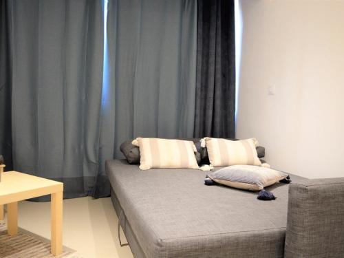 - un canapé avec deux oreillers dans l'établissement Studio 2 pers au Lavandou, près plage, parking, ménage inclus - FR-1-251-78, au Lavandou