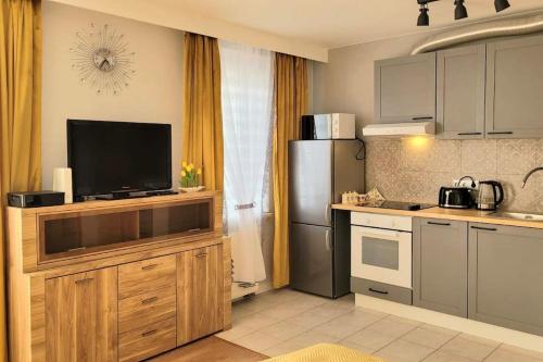 a kitchen with a refrigerator and a television on a counter at Cozy modern Apartment SUNRISE studio 35m2 balcony 3 persons in Krakow