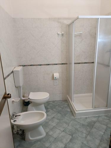 a bathroom with a toilet and a shower at Hotel Alba Serravalle in Serravalle Pistoiese