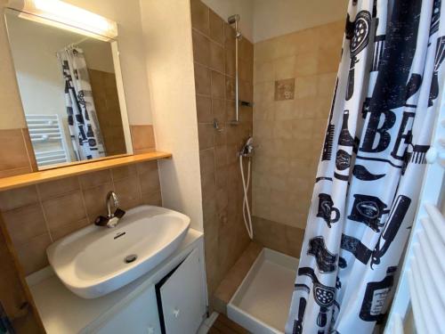 ein Bad mit einem Waschbecken und einem Duschvorhang in der Unterkunft Studio Le Grand-Bornand, 1 pièce, 4 personnes - FR-1-241-19 in Le Grand-Bornand