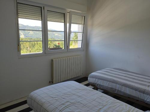 two beds in a room with two windows at Alarpe Aterpetxea in Zaldivia