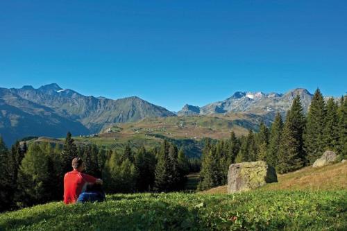 a man standing on a hill looking at the mountains at Hotel La Meridiana in Madesimo