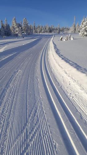 a snowy road with tire tracks in the snow at Mountain Holiday Homes - Ottsjö, Trillevallen -Sweden in Åre