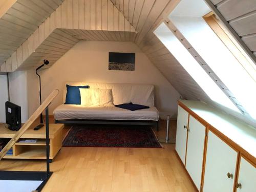 um quarto com uma cama num sótão em Freiburg Citywohnung em Friburgo em Brisgóvia