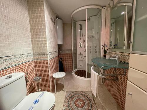 a bathroom with a toilet and a sink and a shower at DreamsApt Plaza Nueva II in Seville
