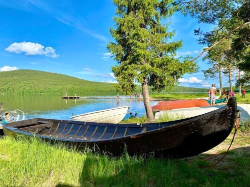 a boat sitting on the grass next to a lake at Arctic Lodges Lapland Ski In Family Studio, Wi-Fi, National Park - Lapland Villas in Pyhätunturi