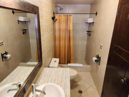uma casa de banho com um chuveiro, um WC e um lavatório. em Hosteria de Anita em Cusco