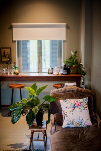 a living room with a chair and a plant at Dorp Hotel in Cape Town