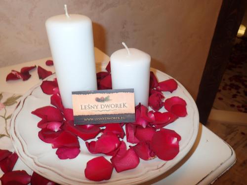 two candles and red roses on a white cake at Leśny Dworek Zakopane in Zakopane