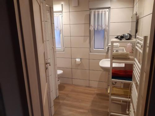 a small bathroom with a sink and a toilet at Feriendorf "Am Forsthaus" Mosbach in Mosbach