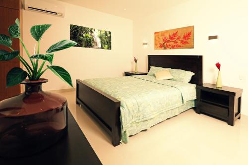 a bedroom with a bed and a potted plant at Cliffhanger Mountain Villas with Private Pools in Misere