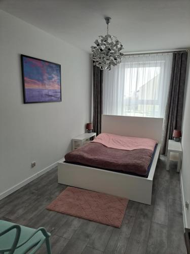 a bedroom with a bed and a chandelier at Apartament Pudrowy in Koszalin