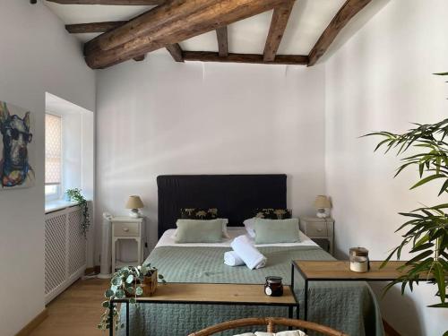 ein Schlafzimmer mit einem großen Bett und einem Tisch in der Unterkunft Le Roseau - en plein coeur historique in Annecy