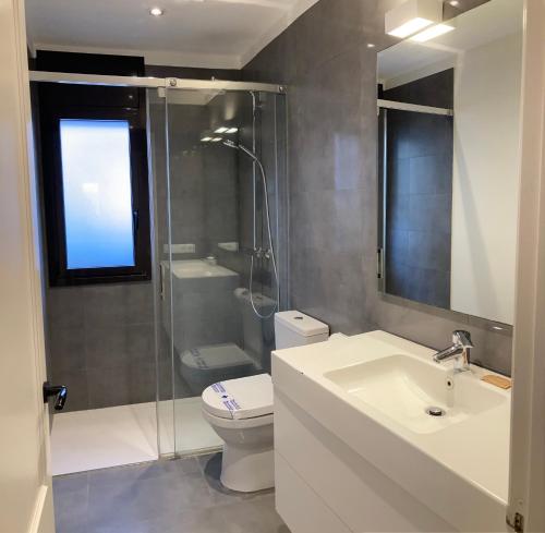 a bathroom with a toilet and a shower and a sink at Casita de la playa in Palamós