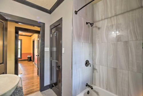 a bathroom with a shower and a sink at Eclectic Houston Home Less Than 4 Mi to Downtown! in Houston