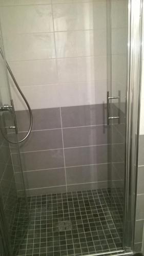 une douche avec une porte vitrée dans une salle de bain dans l'établissement Studio au calme, Parking, proche Thermes, à Aix-les-Bains