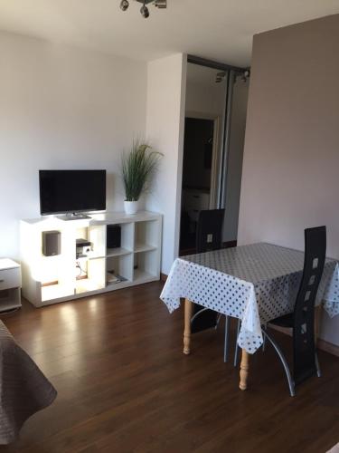 un salon avec une table, des chaises et une télévision dans l'établissement Studio au calme, Parking, proche Thermes, à Aix-les-Bains