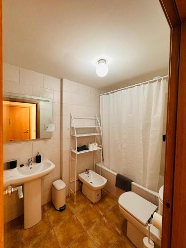 a bathroom with a sink and a toilet and a mirror at Apartamento Lozano in Parzán